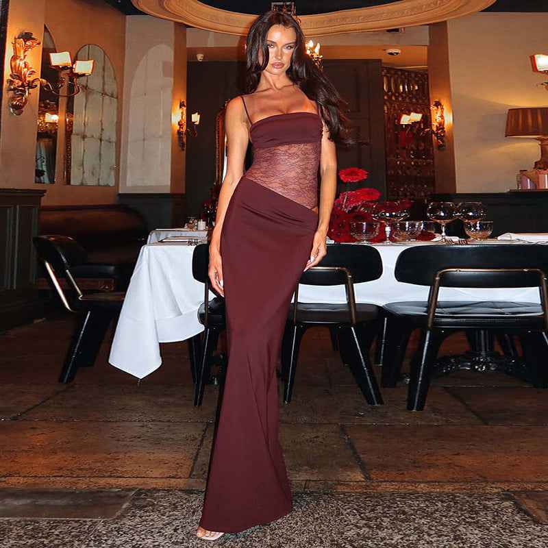 Arabella | Robe longue à corsage en dentelle et bretelles nouées — Amielle Paris