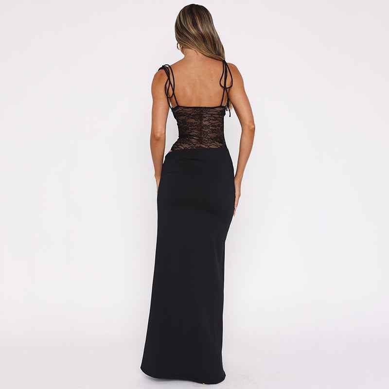Arabella | Robe longue à corsage en dentelle et bretelles nouées — Amielle Paris