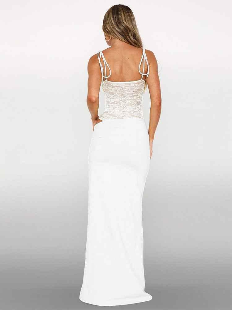 Arabella | Robe longue à corsage en dentelle et bretelles nouées — Amielle Paris