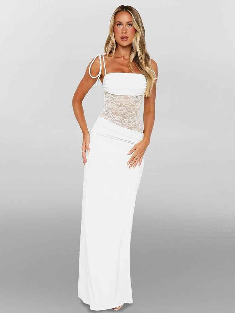 Arabella | Robe longue à corsage en dentelle et bretelles nouées — Amielle Paris