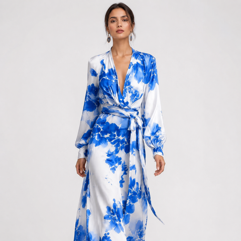 Isadora | Robe longue fleurie en mousseline à manches bouffantes