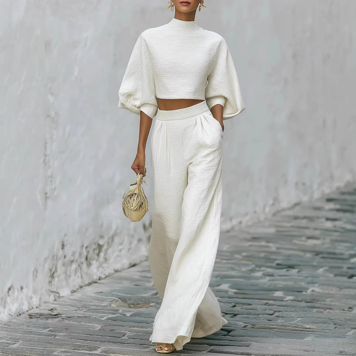 Théa | Ensemble blanc texturé avec haut court et pantalon large — Amielle Paris