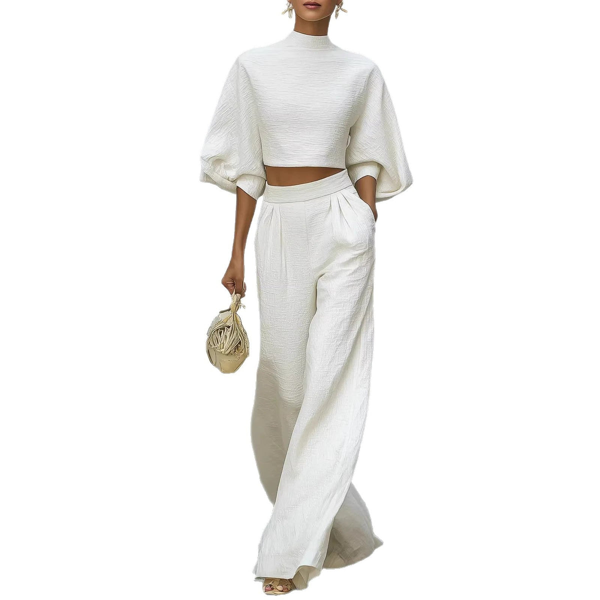 Théa | Ensemble blanc texturé avec haut court et pantalon large — Amielle Paris