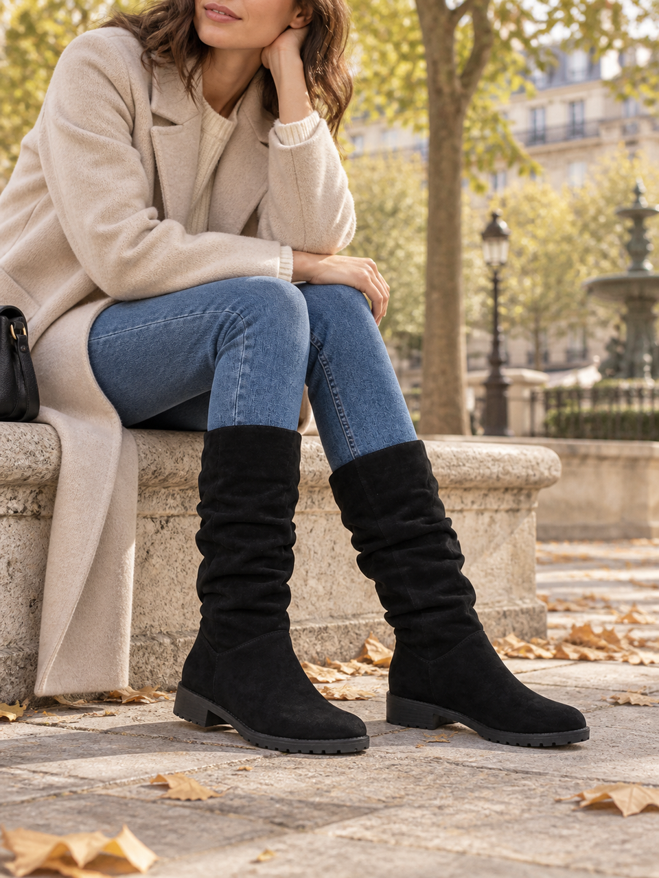 Bottes noires plissées portées avec un jean, sur un banc en pierre.