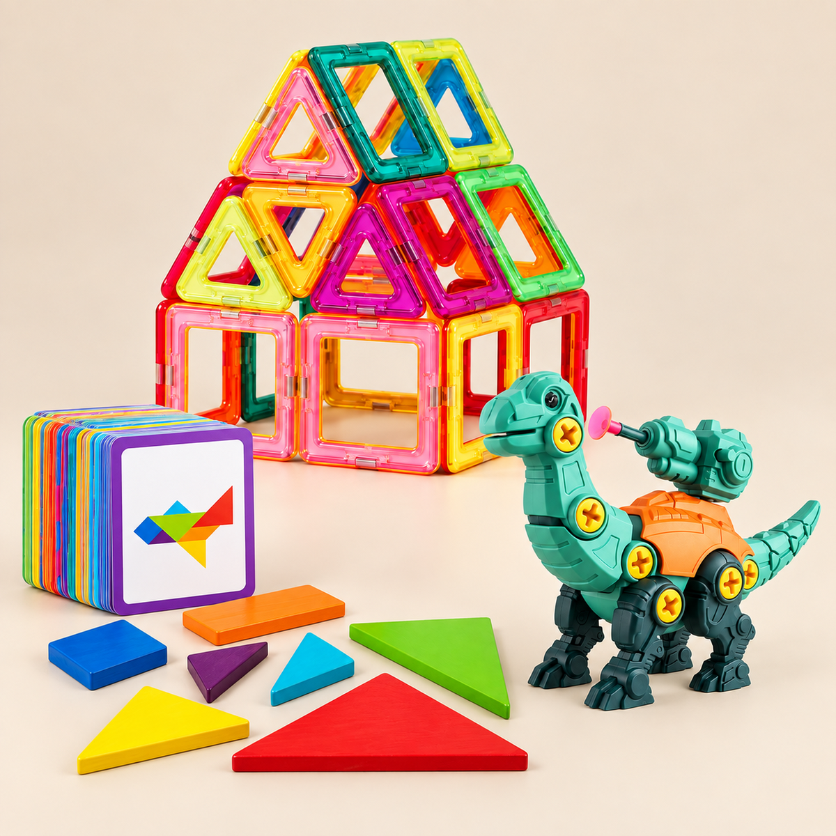 Coffret de construction : tuiles magnétiques et tangram — vue 1