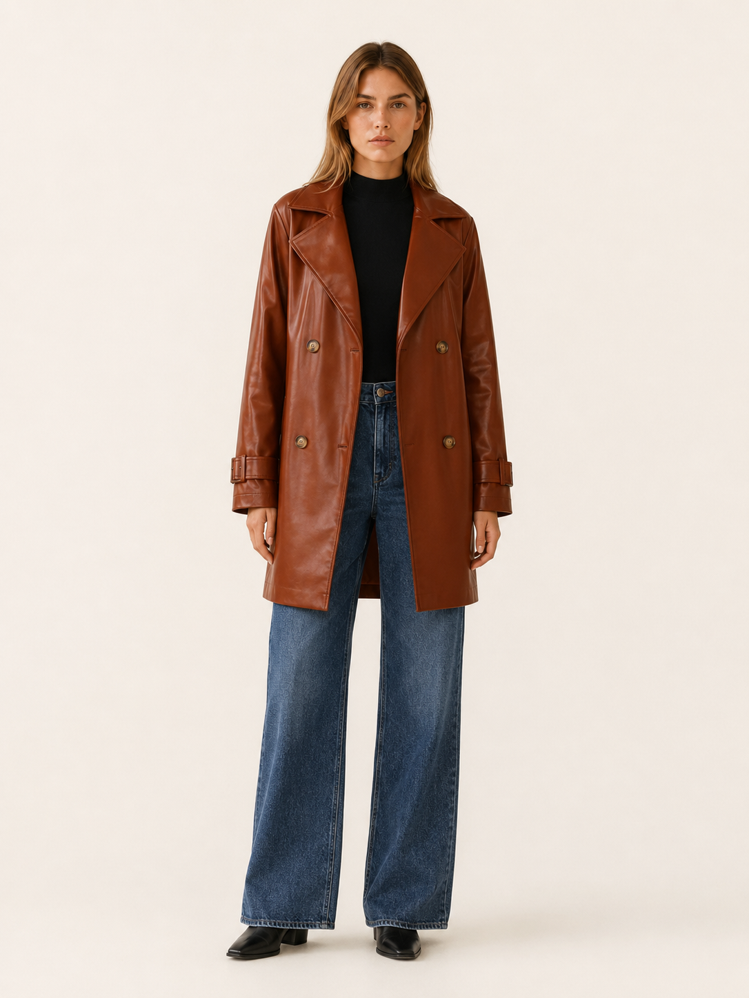 Manteau mi-long aspect cuir à boutonnage croisé — Amielle Paris