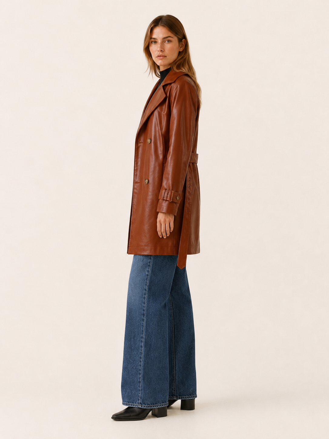 Manteau mi-long aspect cuir à boutonnage croisé — Amielle Paris