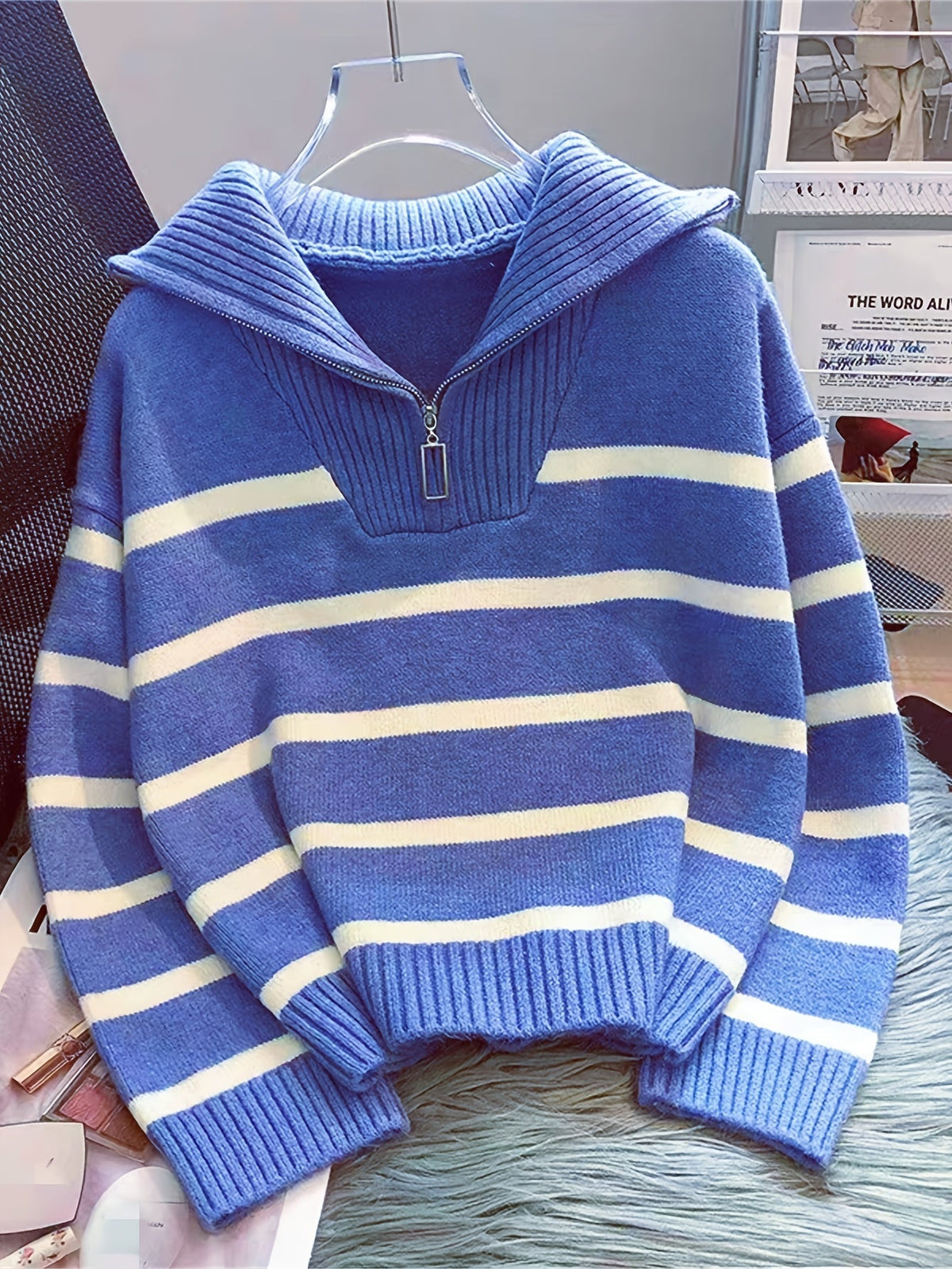 Perrine | Pull rayé à col partiellement zippé — Amielle Paris