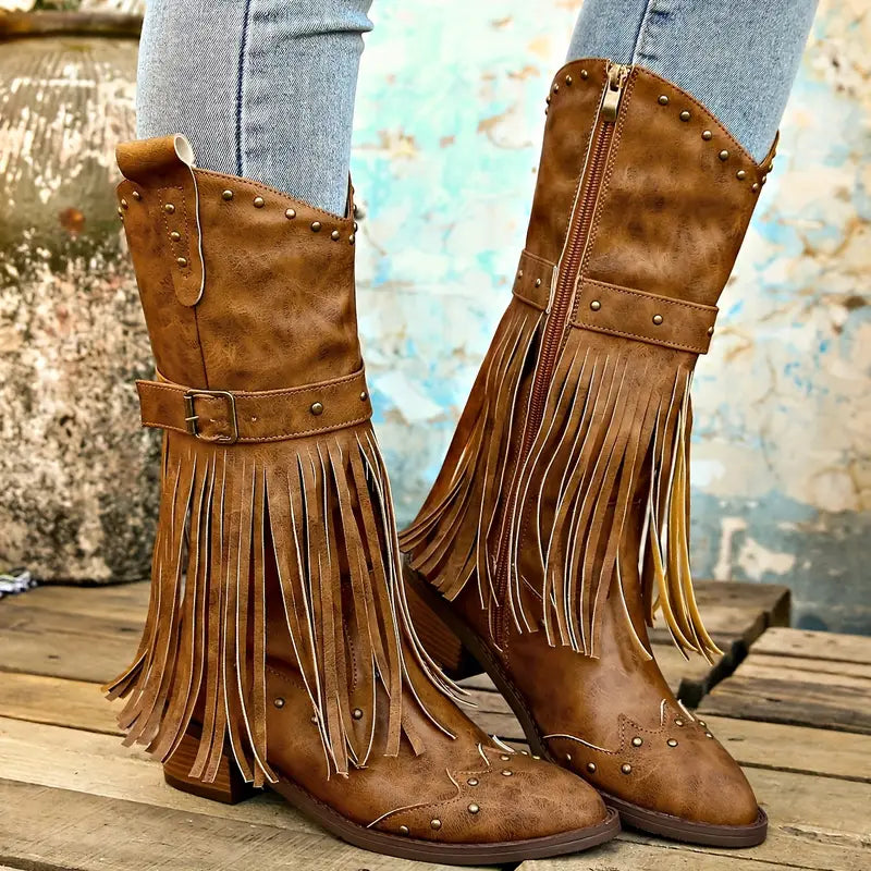 Bottes western à franges, clous et boucle — Amielle Paris