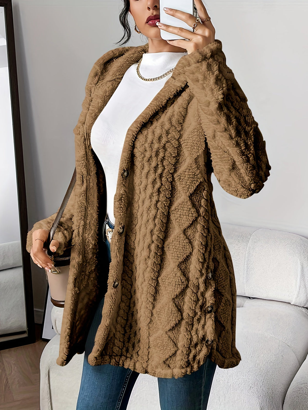 Nora — Cardigan long torsadé à capuche — Amielle Paris