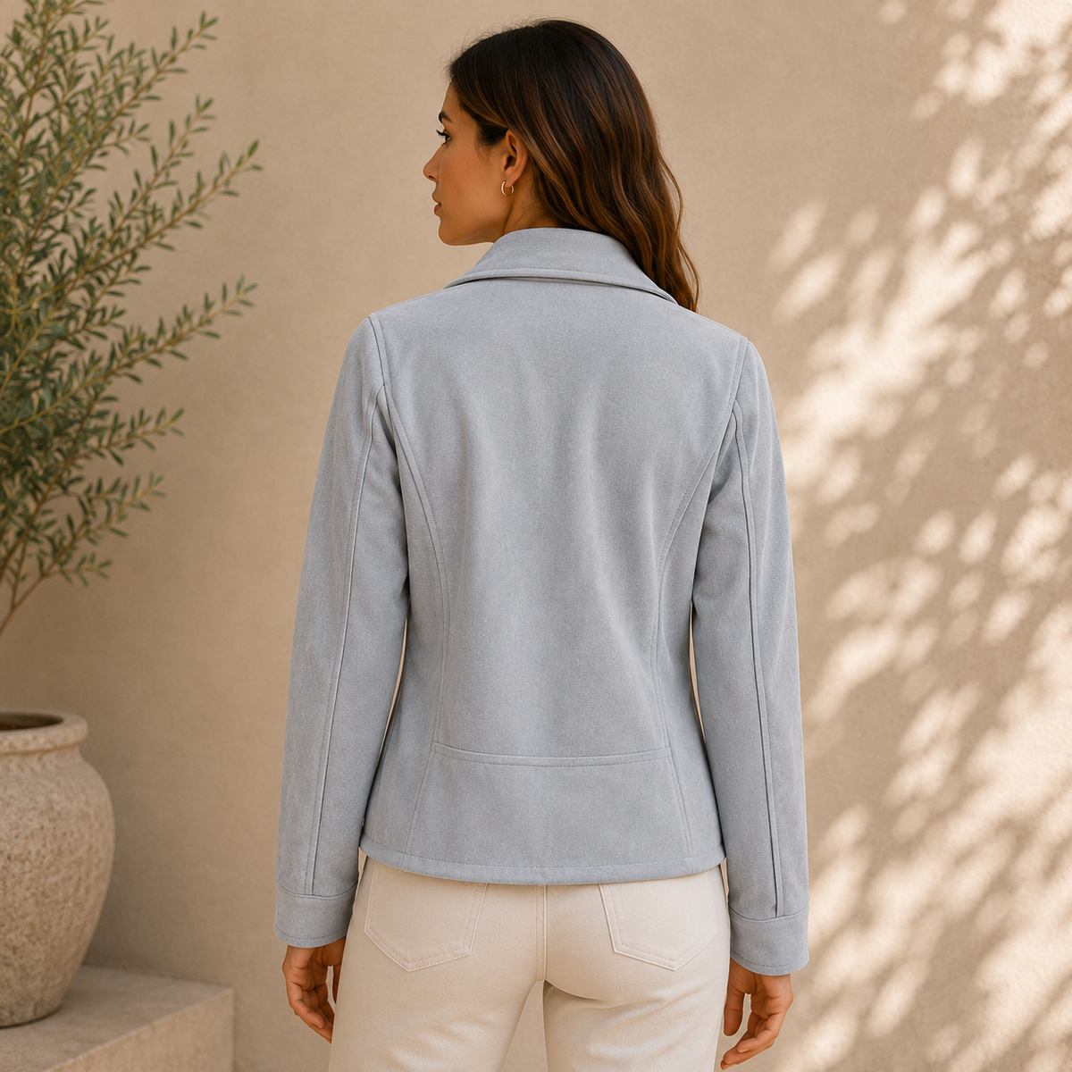 Charlotte — Veste biker aspect cuir à zip décalé — Amielle Paris