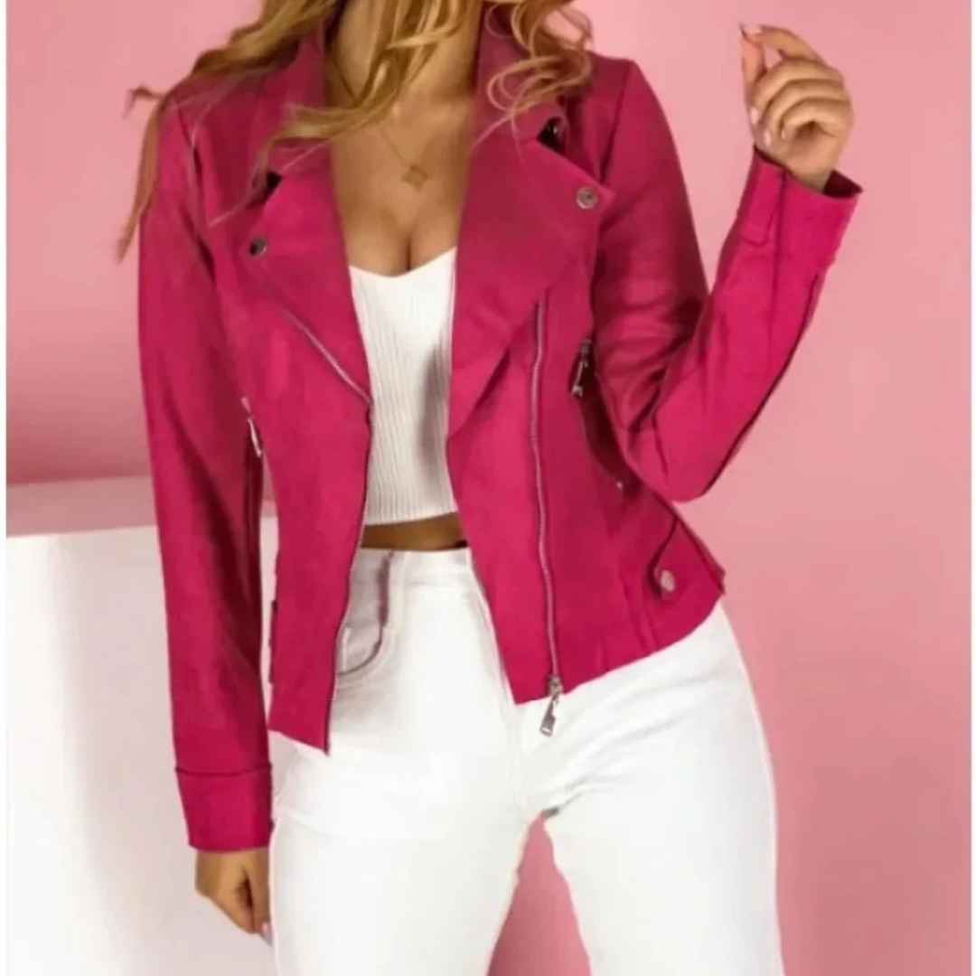 Charlotte — Veste biker aspect cuir à zip décalé — Amielle Paris