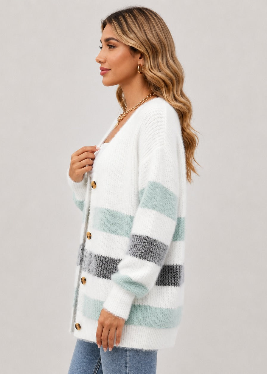 Cardigan rayé boutonné à col V — Amielle Paris