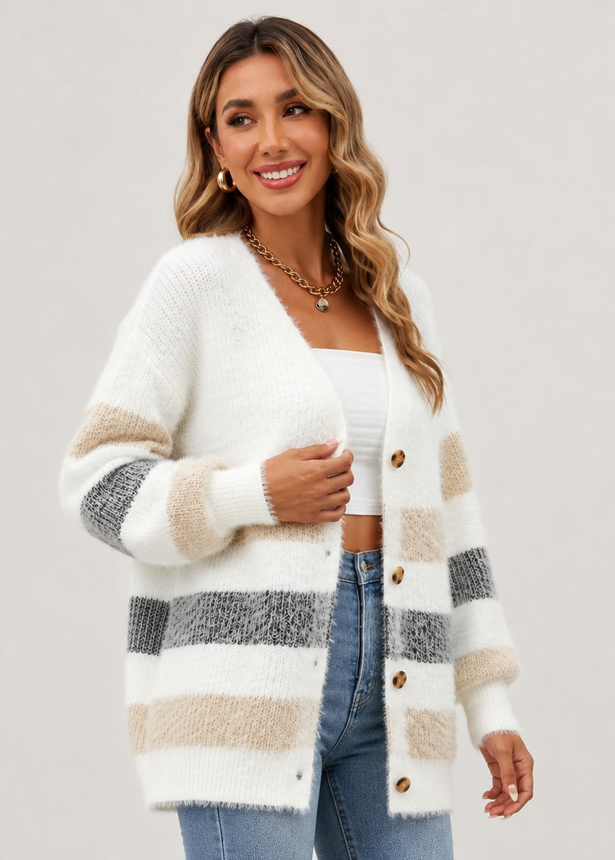 Cardigan rayé boutonné à col V — Amielle Paris
