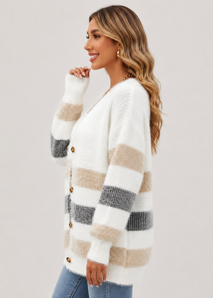 Cardigan rayé boutonné à col V — Amielle Paris