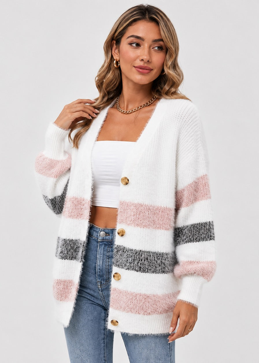 Cardigan rayé boutonné à col V — Amielle Paris