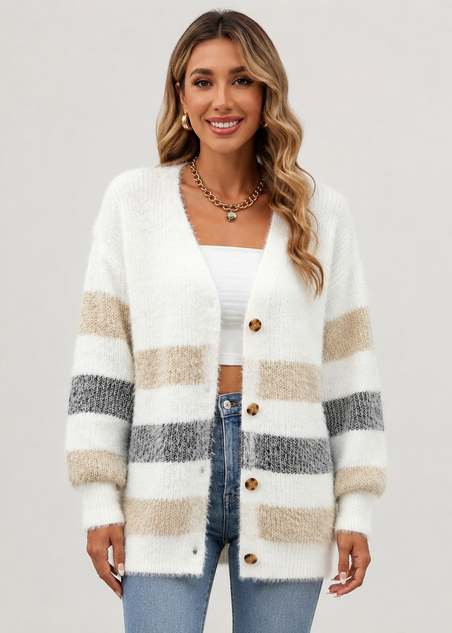 Cardigan rayé boutonné à col V — Amielle Paris
