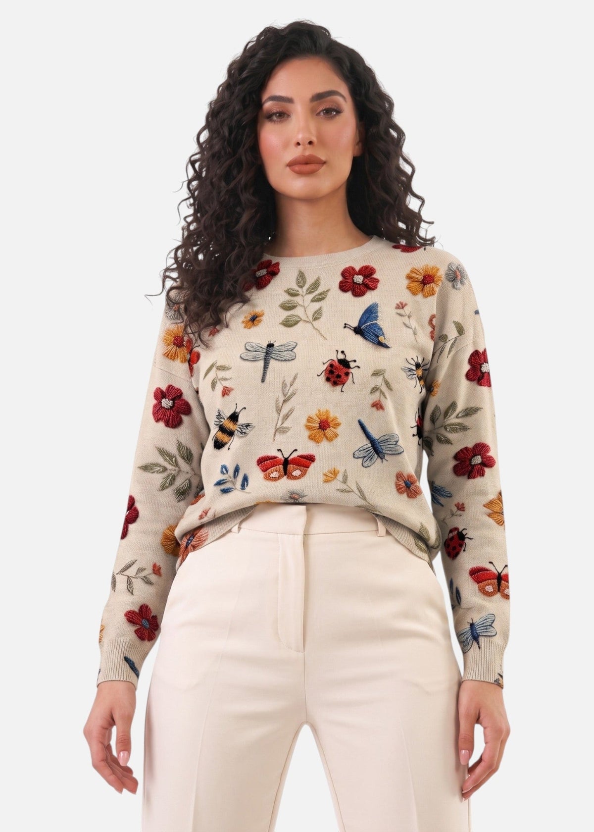 Pull à broderies florales et col rond — Amielle Paris