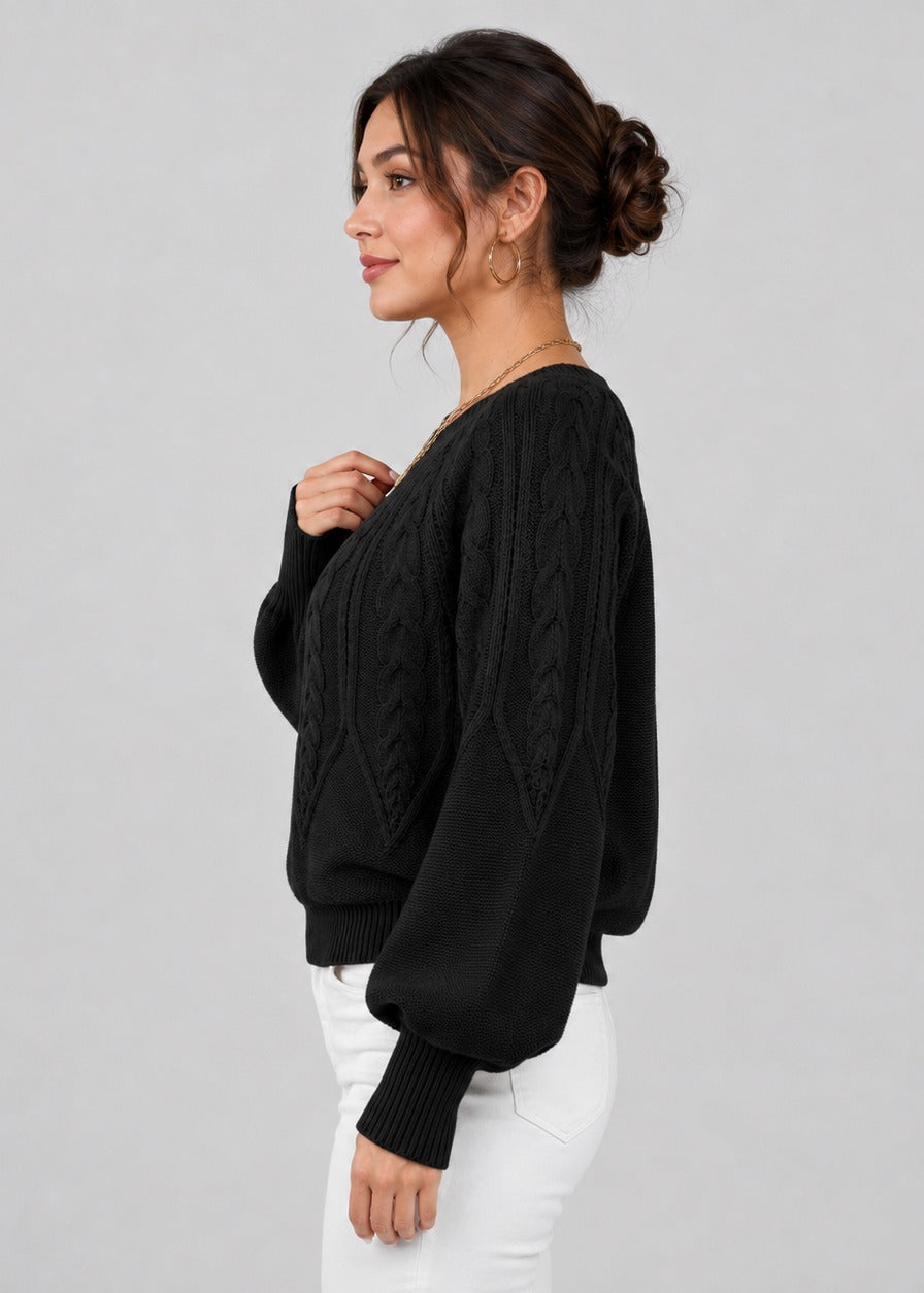 Pull torsadé à manches ballon et col rond — Amielle Paris