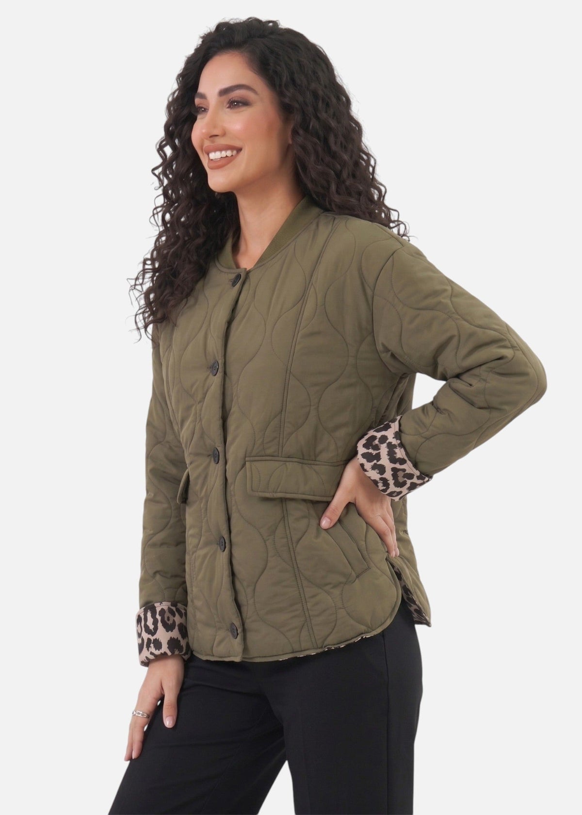 Ludivine — Veste matelassée à poignets léopard — Amielle Paris