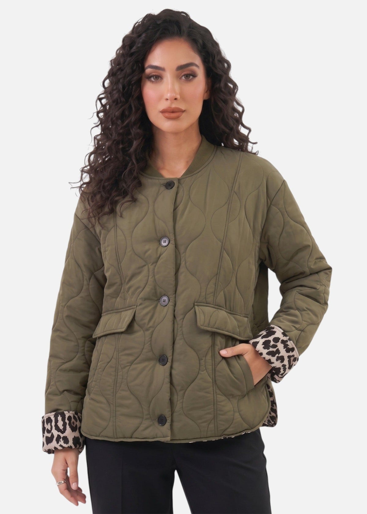 Ludivine — Veste matelassée à poignets léopard — Amielle Paris