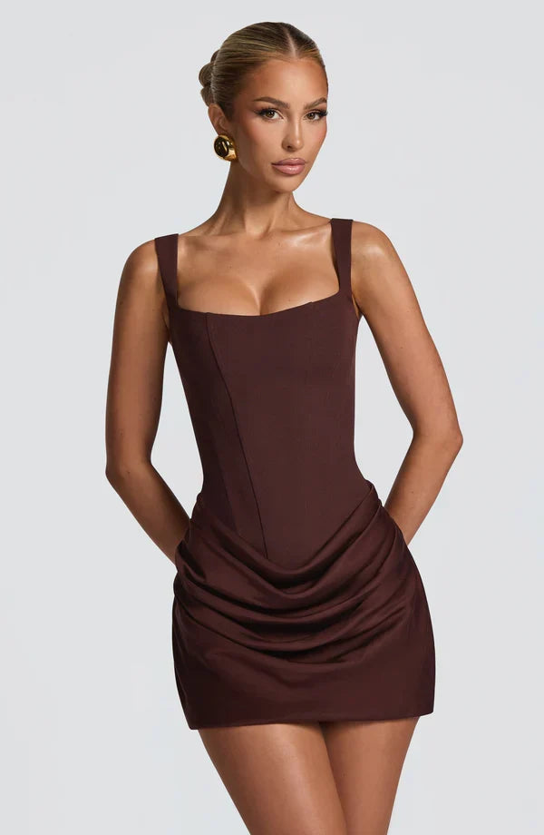 Sybille — Robe courte corsetée à jupe drapée — Amielle Paris