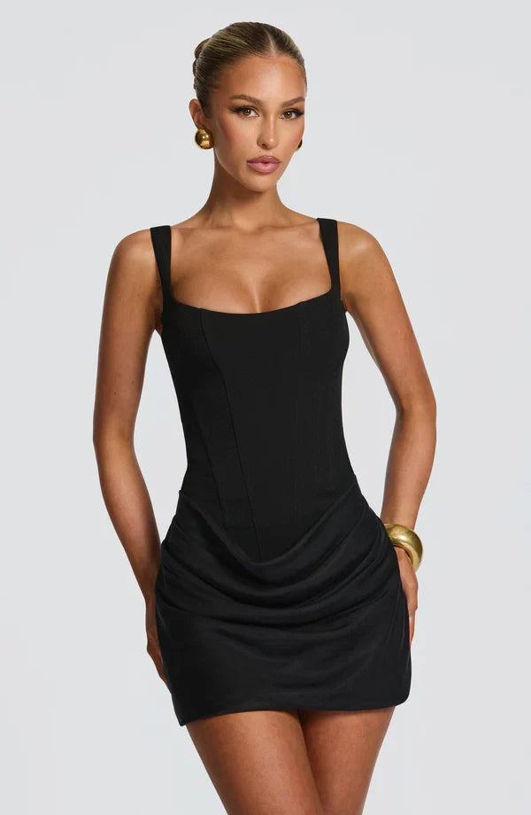 Sybille — Robe courte corsetée à jupe drapée — Amielle Paris