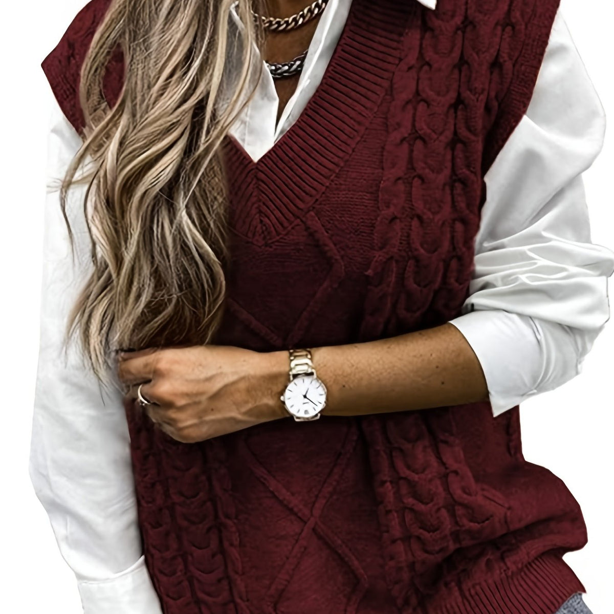 Pull sans manches ample à torsades et col V — Amielle Paris
