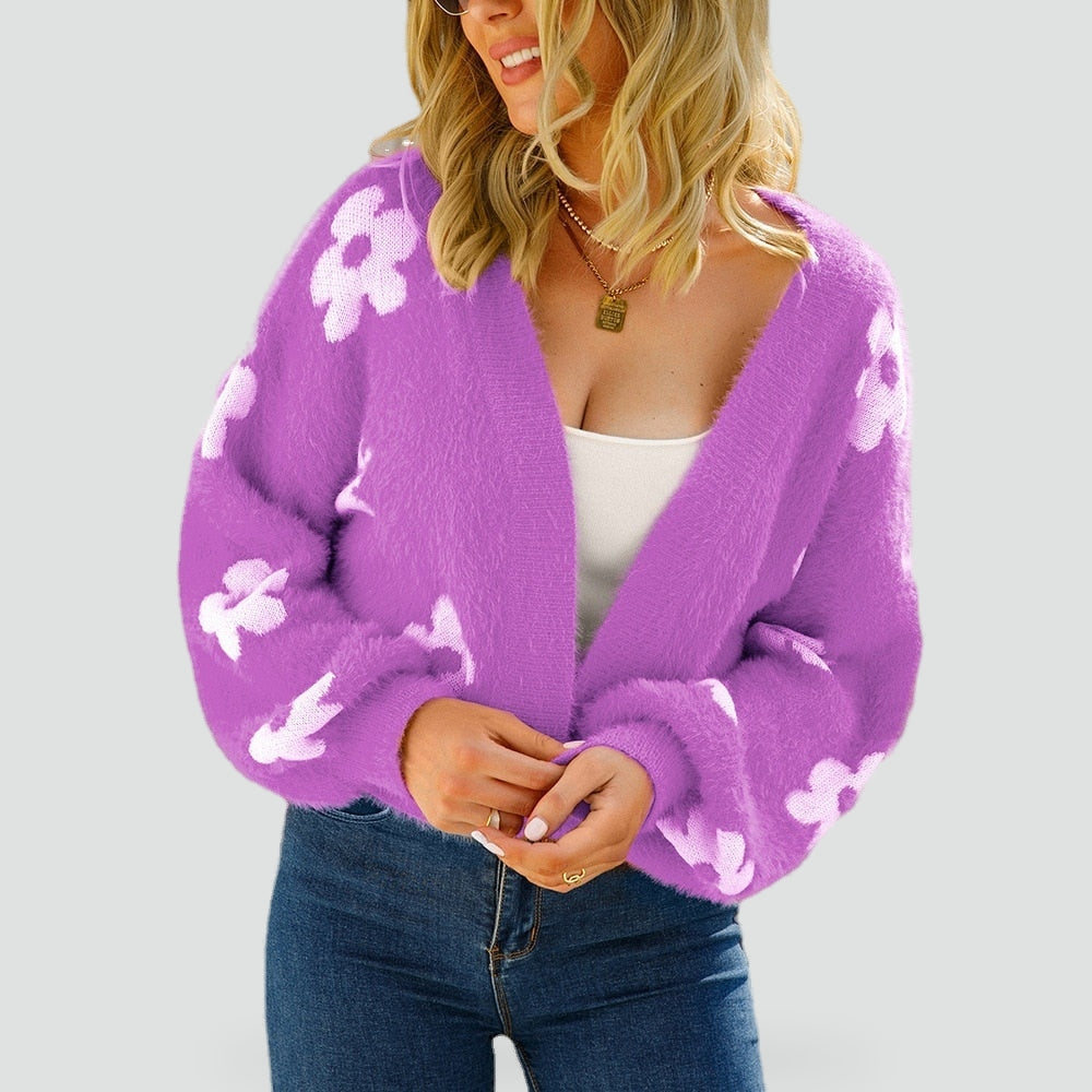 Gilet court ouvert à fleurs en maille duveteuse — Amielle Paris