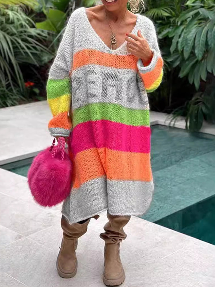 Natalie — Robe pull rayée à col V — Amielle Paris
