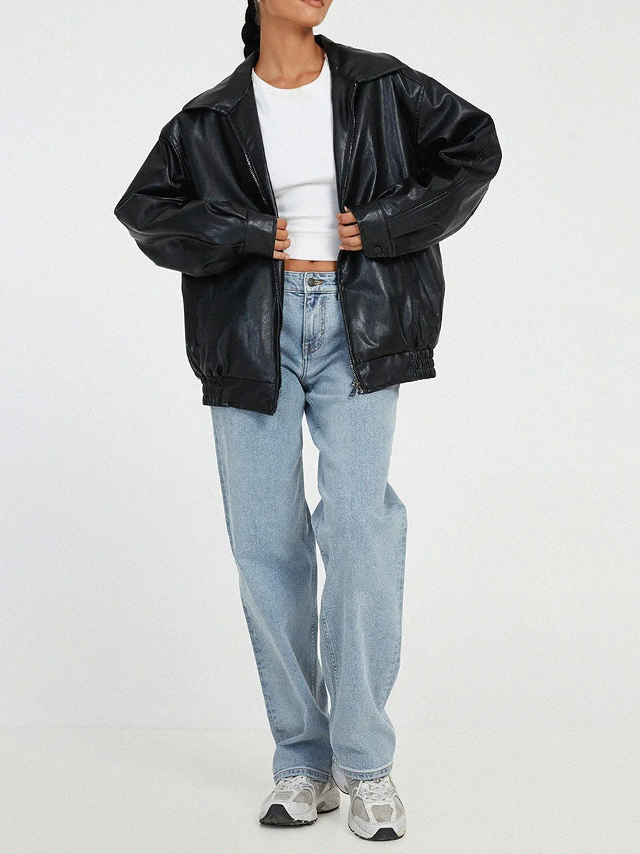 Blouson ample aspect cuir à col rabattu — Amielle Paris