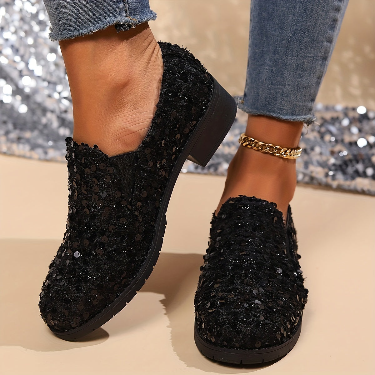 Odette | Mocassins à sequins et talon bloc — Amielle Paris