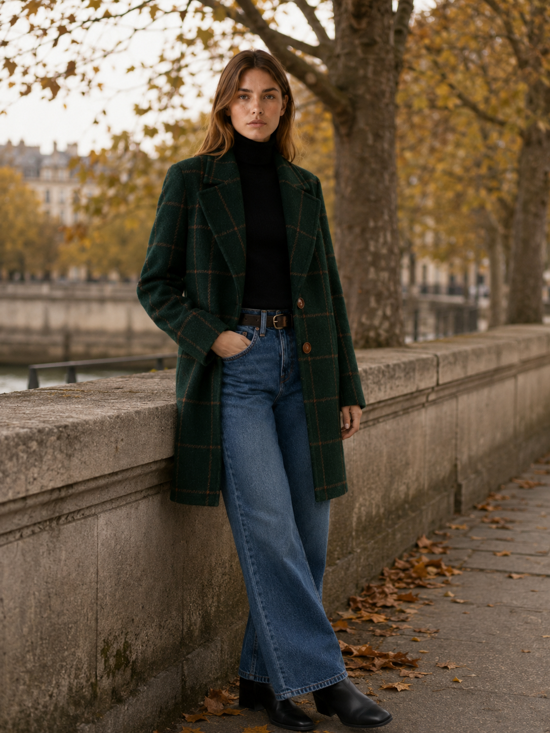Trench long à carreaux et bouton unique — Amielle Paris