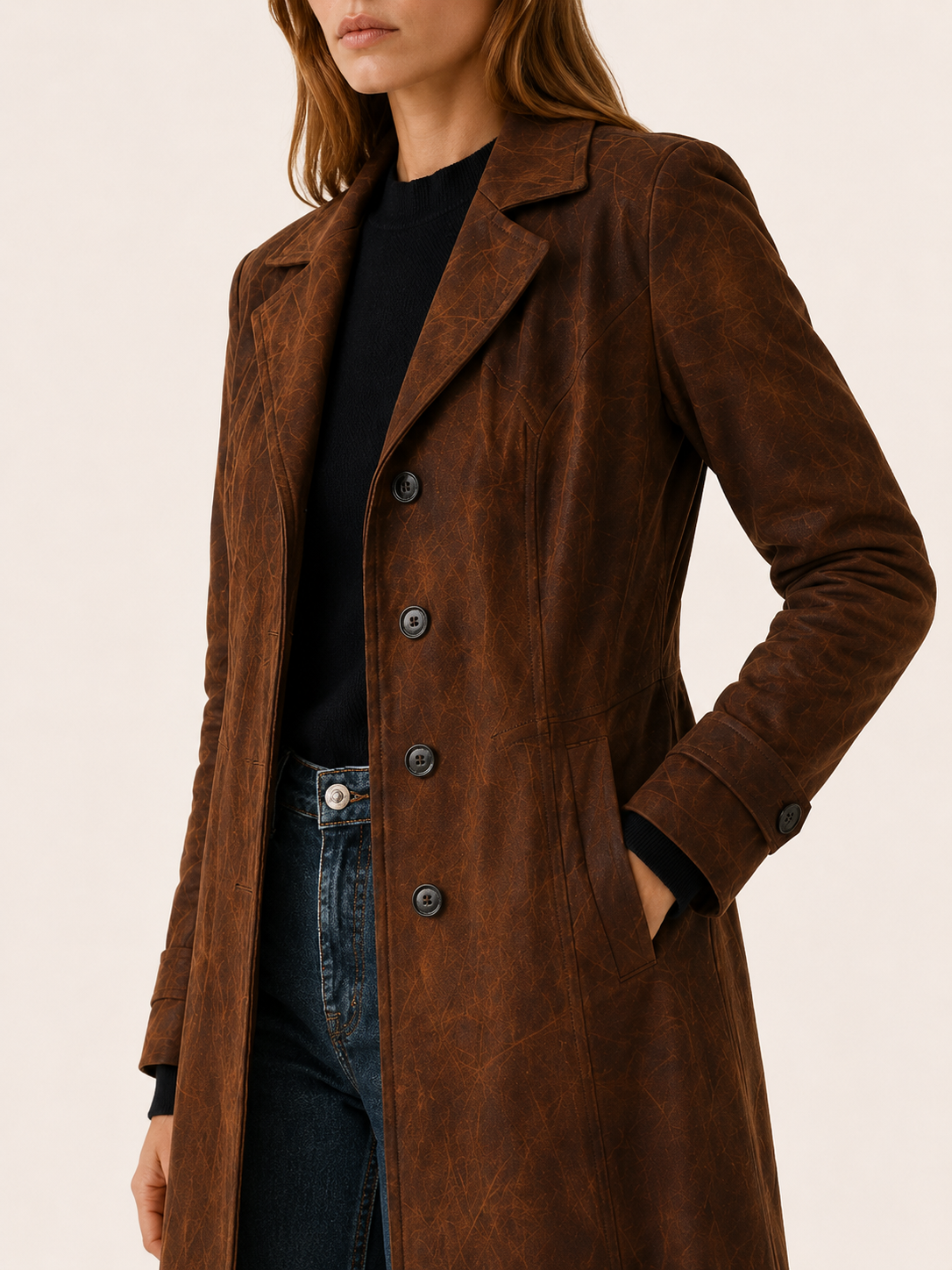 Trench long aspect daim à taille ceinturée — Amielle Paris