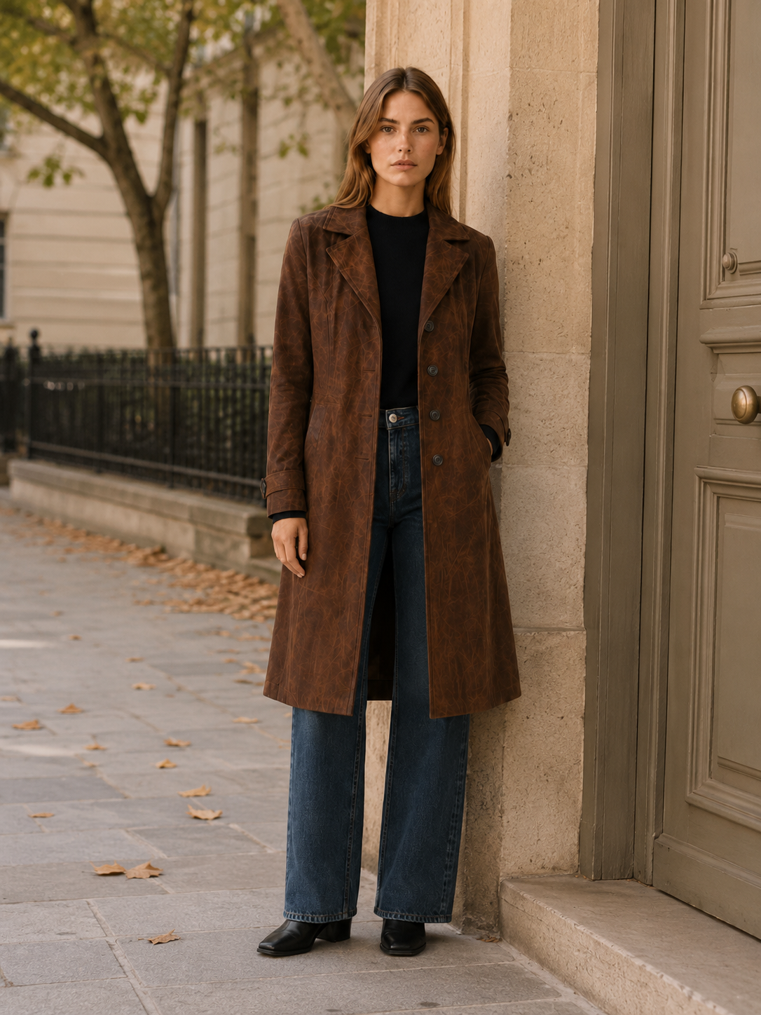 Trench long aspect daim à taille ceinturée — Amielle Paris