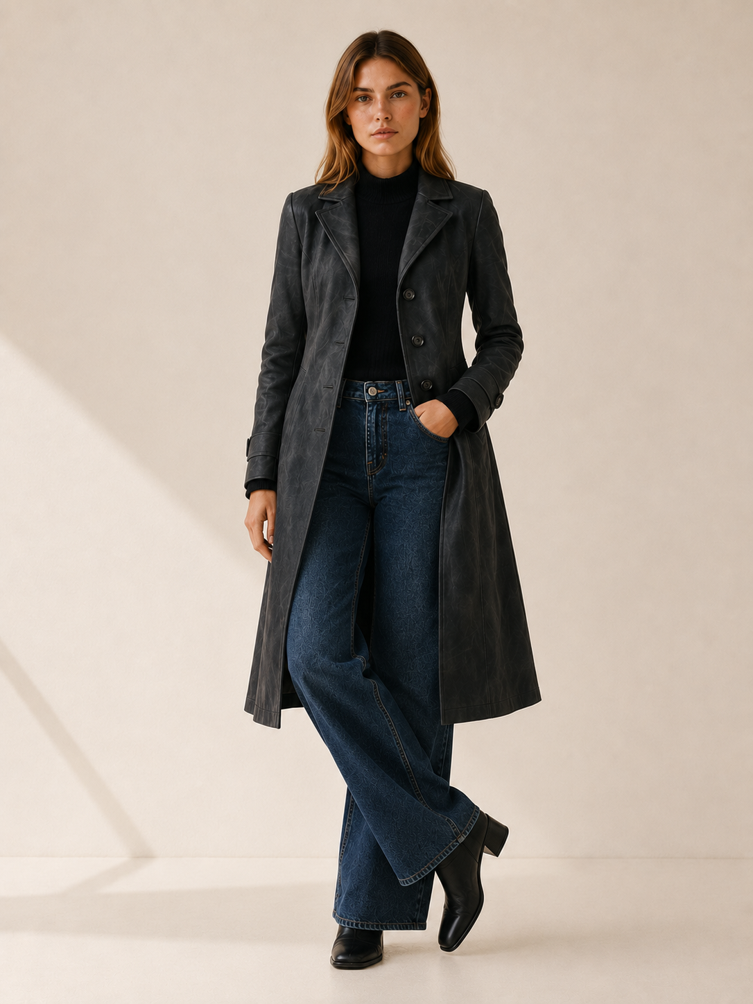 Trench long aspect daim à taille ceinturée — Amielle Paris