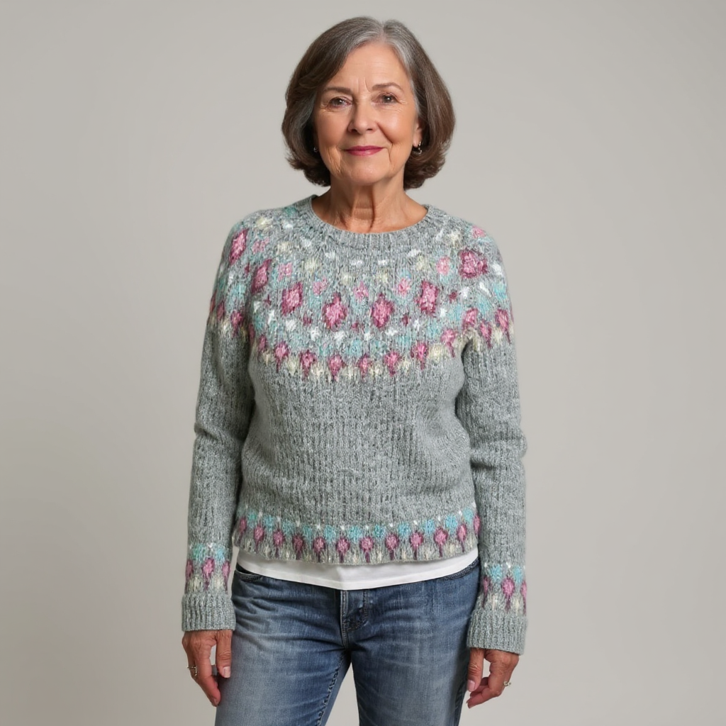 Pull gris à motifs rose et vert