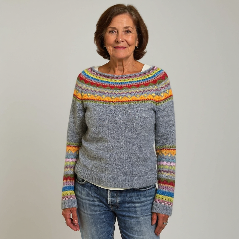 Pull gris à empiècement multicolore