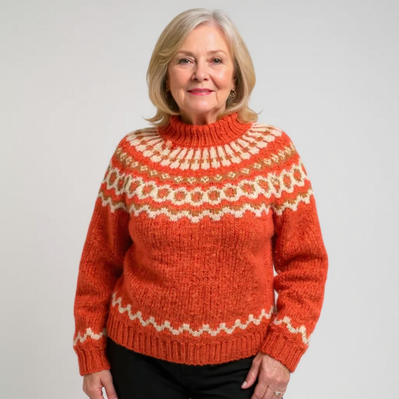 Pull orange à col montant et motifs nordiques