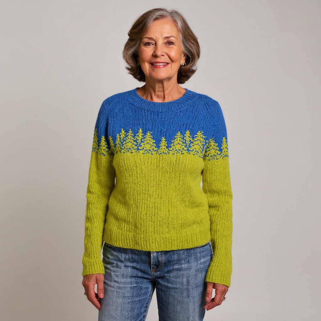 Pull bicolore bleu et vert à motif sapins
