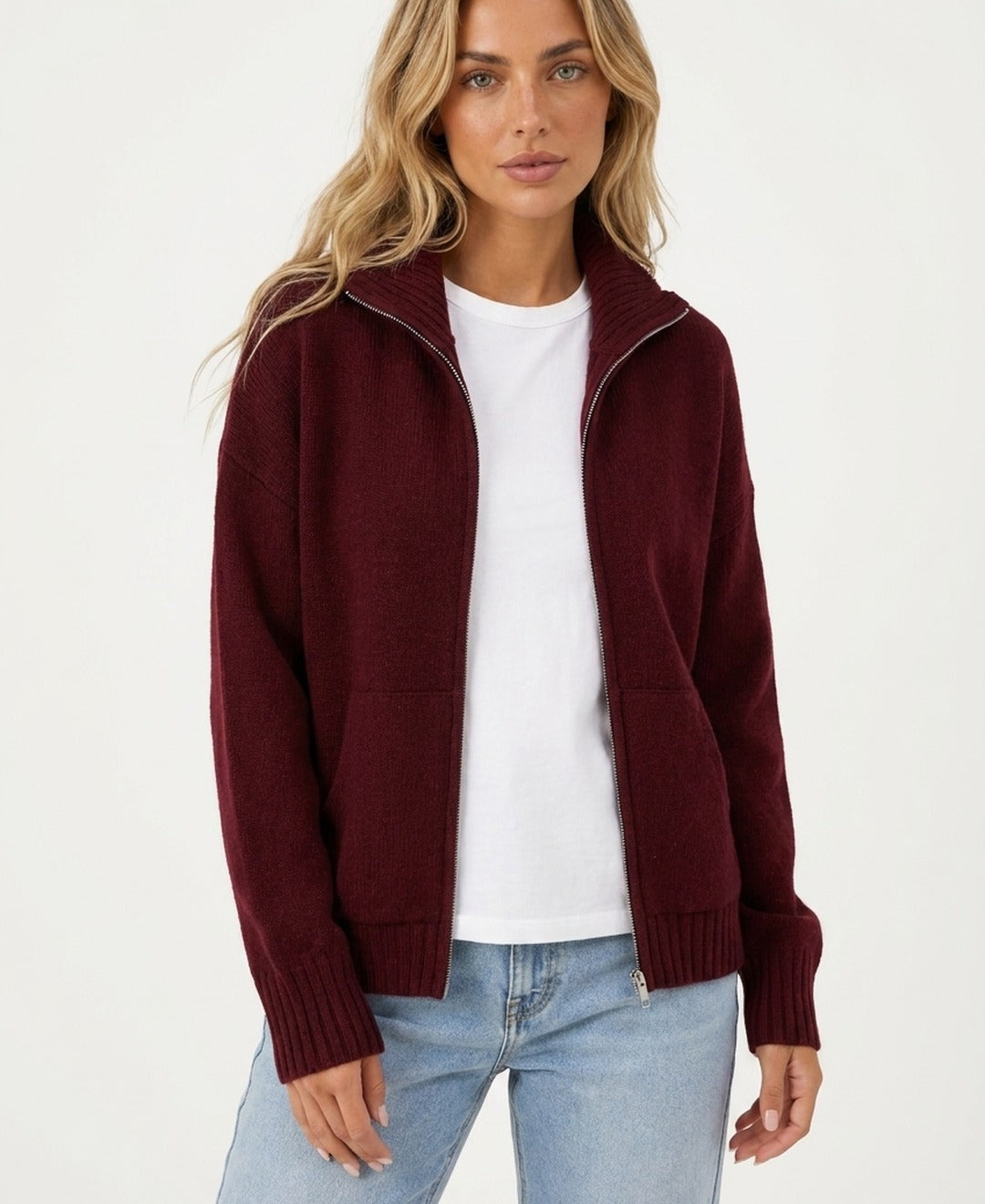 Cardigan zippé à col montant Camille — Amielle Paris