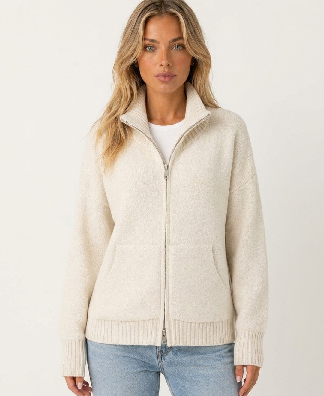Cardigan zippé à col montant Camille — Amielle Paris