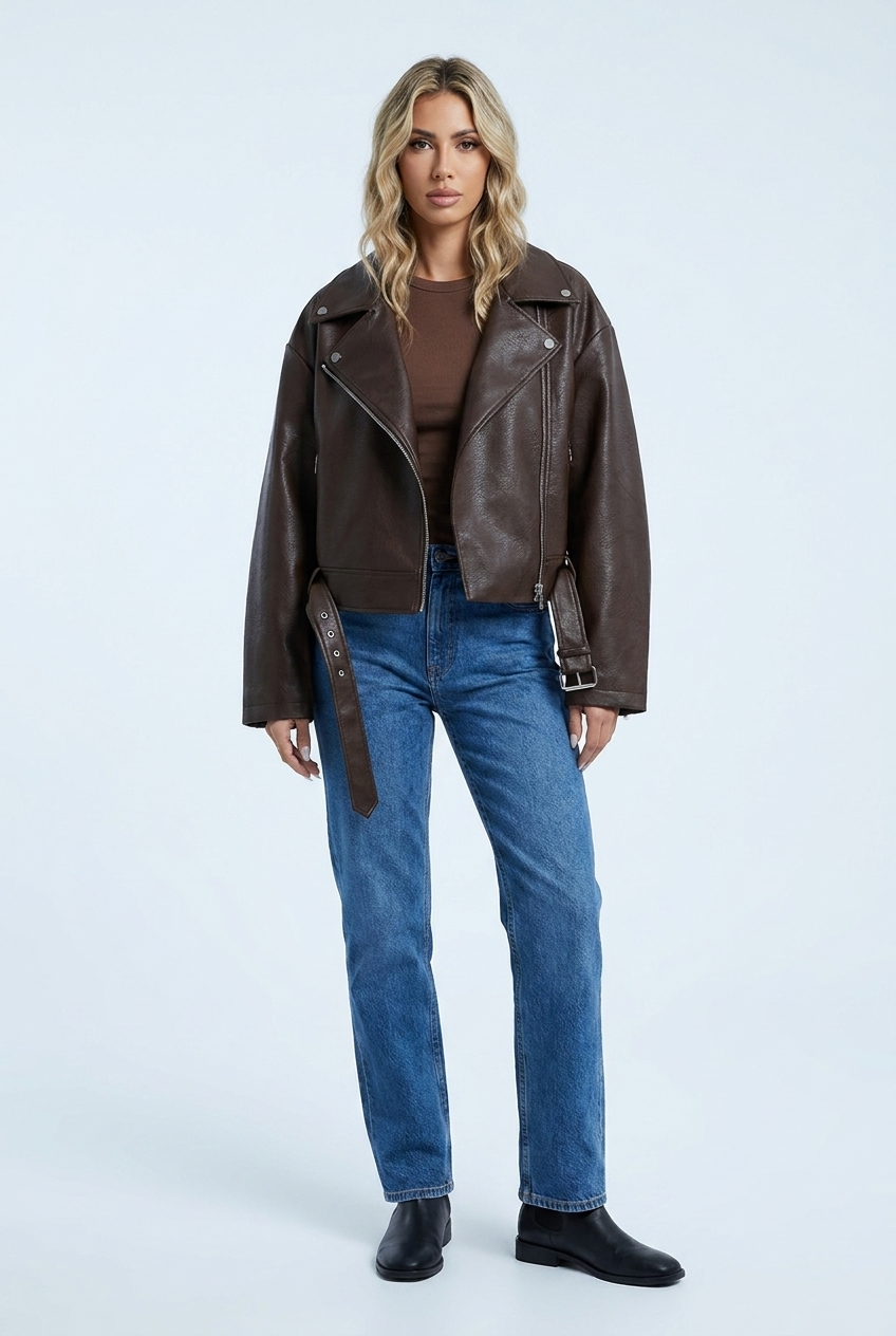 Faustine — Veste zippée effet cuir marron — Amielle Paris