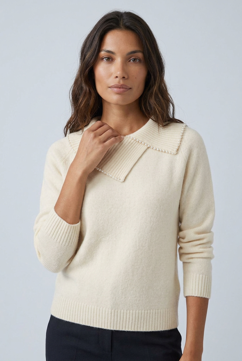 Pull à col asymétrique perlé — Camille — Amielle Paris