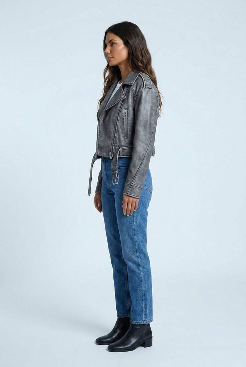 Juliette — Veste biker courte effet cuir vieilli — Amielle Paris
