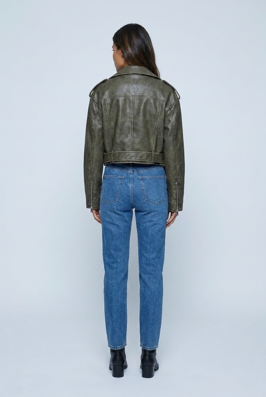 Juliette — Veste biker courte effet cuir vieilli — Amielle Paris