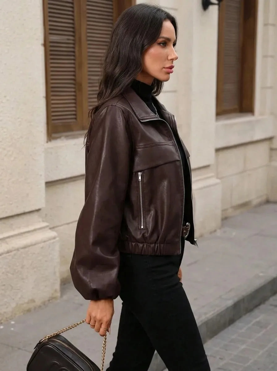 Veste courte aspect cuir à col rabattu — Amielle Paris