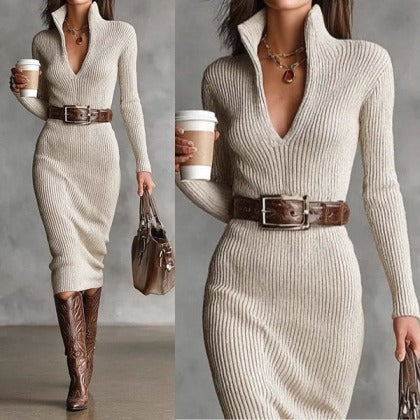 Daisy — Robe pull midi à col et ceinture — Amielle Paris