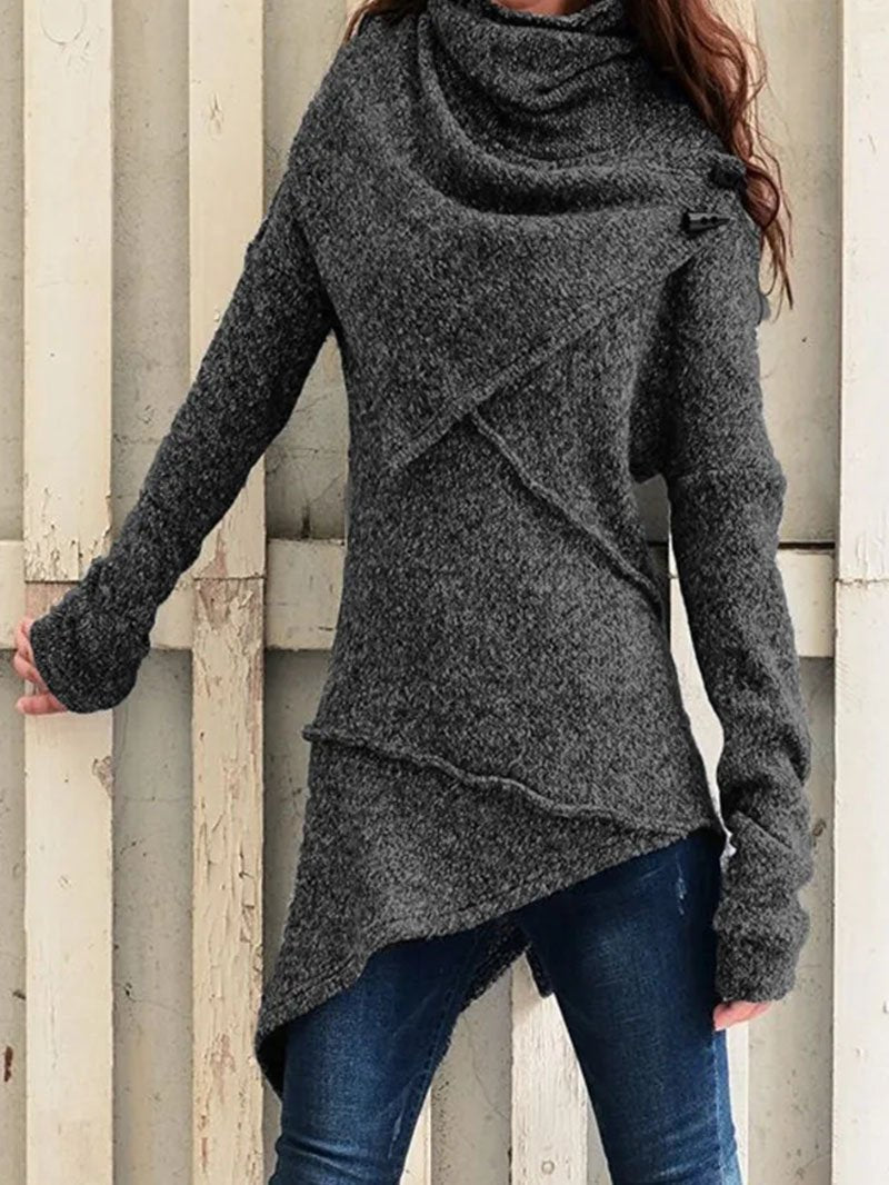 Pull long à col drapé et base asymétrique — Amielle Paris