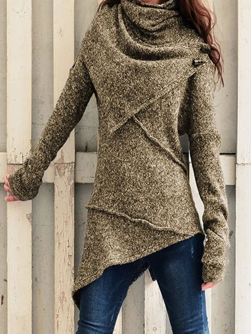 Pull long à col drapé et base asymétrique — Amielle Paris